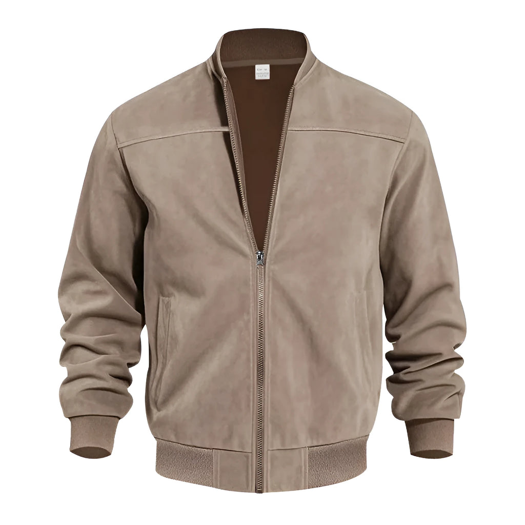 Men's Army Green suede zip-up jacket with a regular fit and standard sleeves on a hanger.