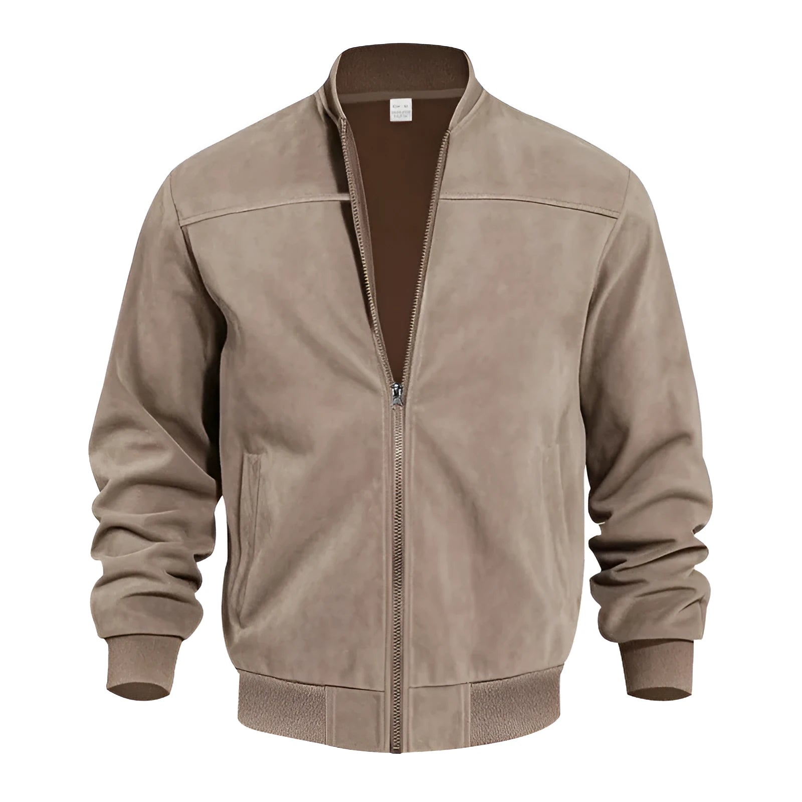 Men's Army Green suede zip-up jacket with a regular fit and standard sleeves on a hanger.
