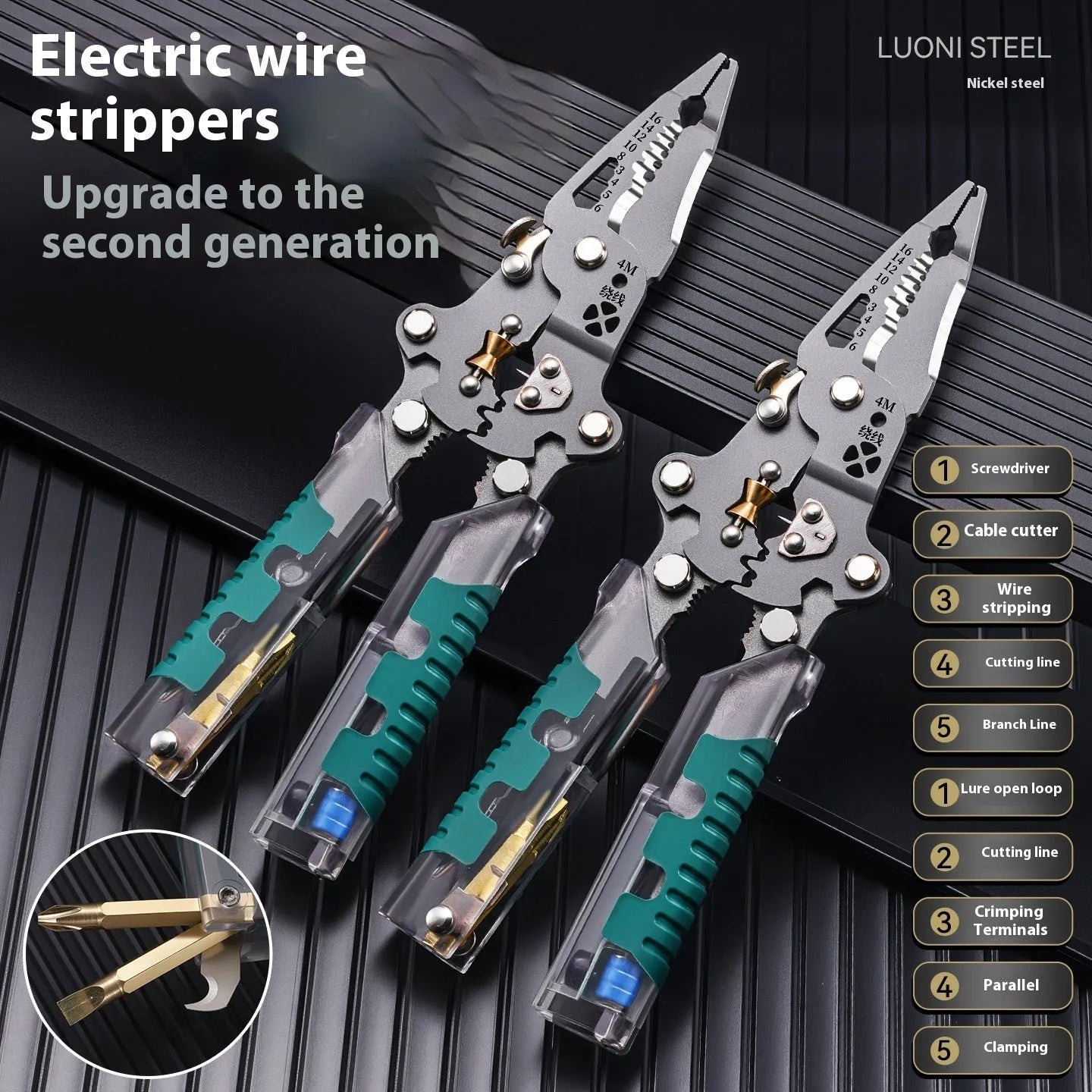 Thickened electrician's wire stripper and pointed pliers tool with rust-resistant finish