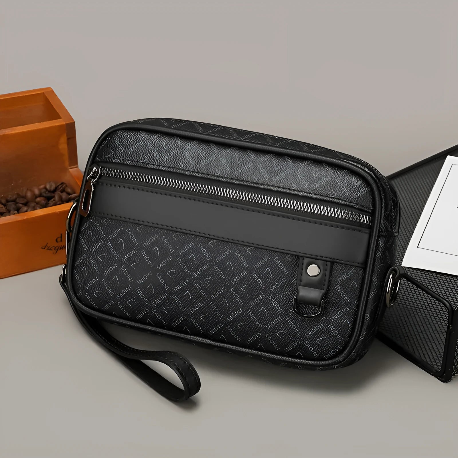 Men's geometric pattern PU leather messenger bag in horizontal handheld design with large capacity