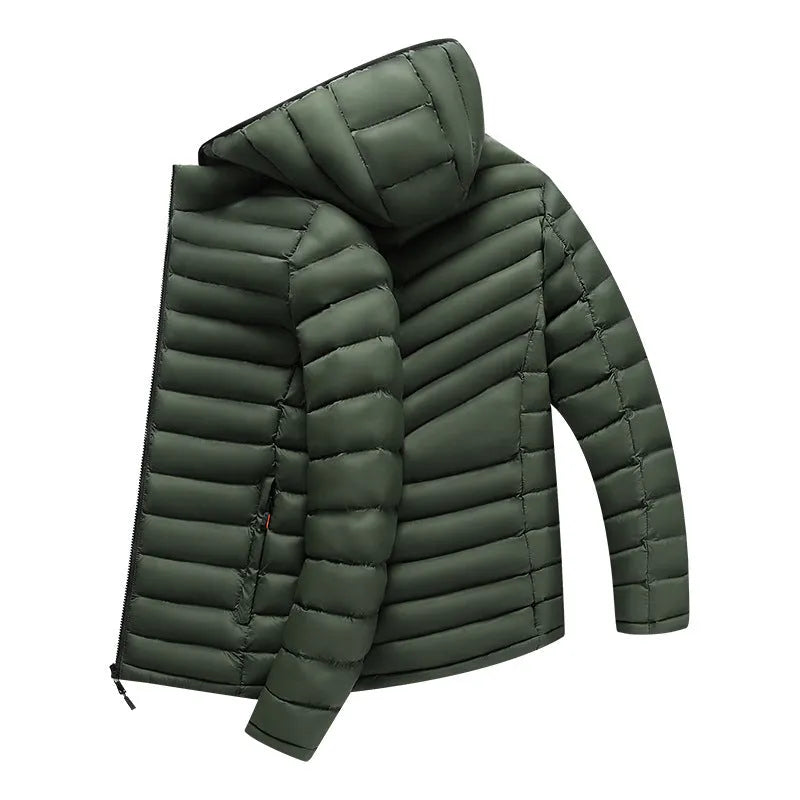 Man wearing a lightweight army green down jacket with a detachable hood and zipper pockets.