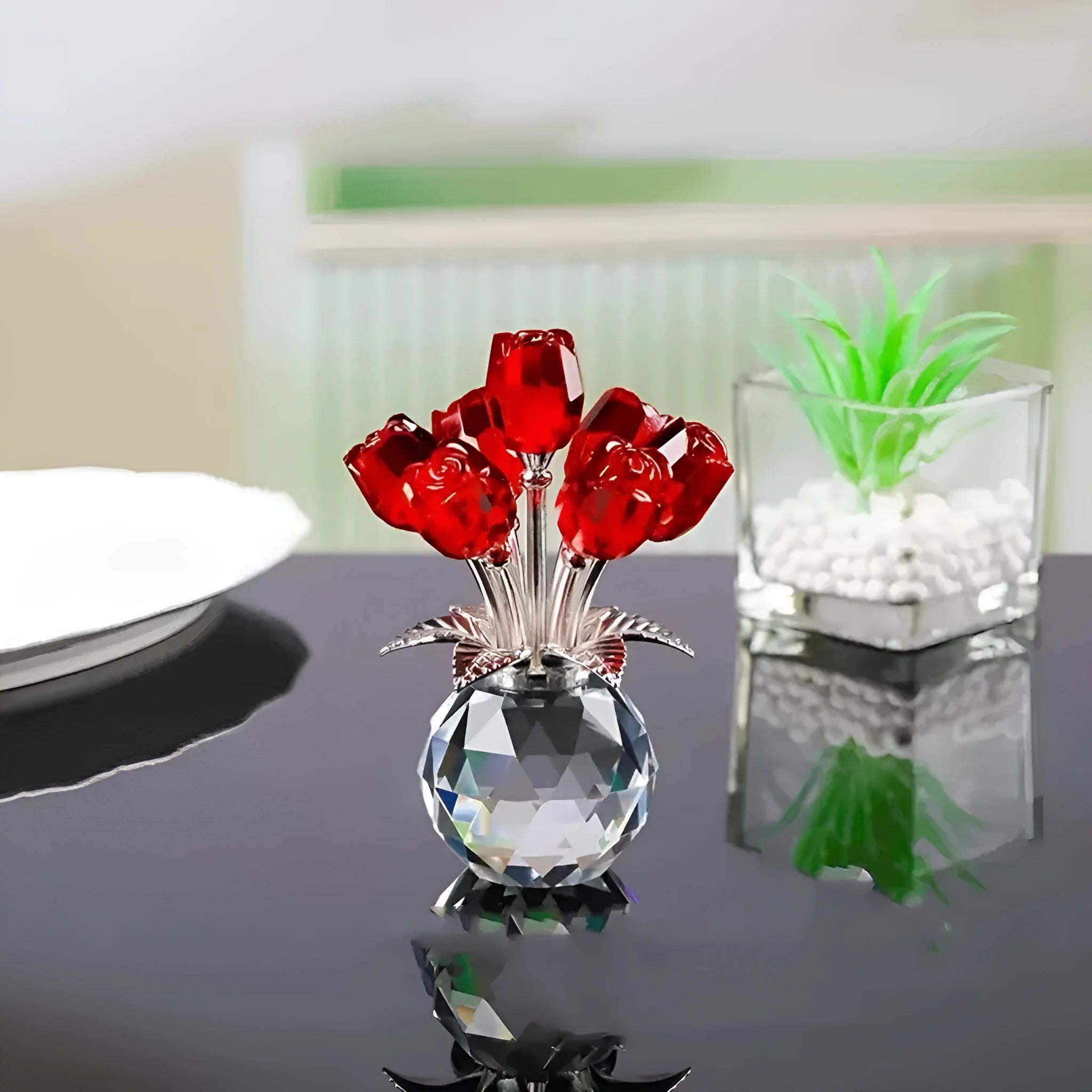 K9 crystal glass artificial rose decoration in geometric Chinese style, showing colour options.