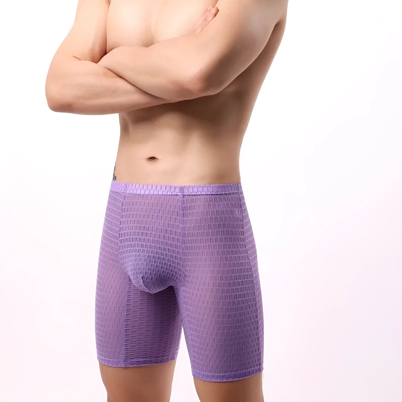 Men's lengthened lace boxer shorts in light purple on a white background.