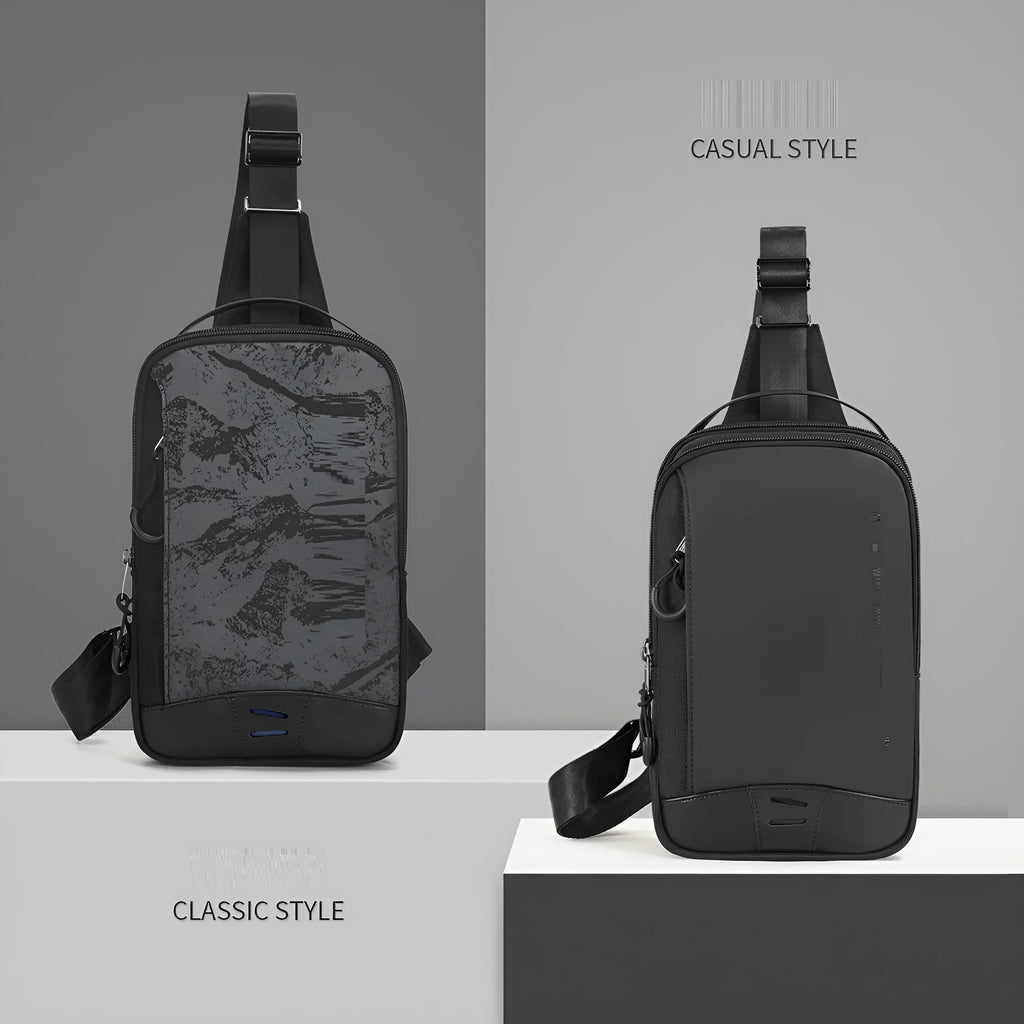 Casual black TPU camouflage pattern chest bag with single shoulder strap and soft handle.