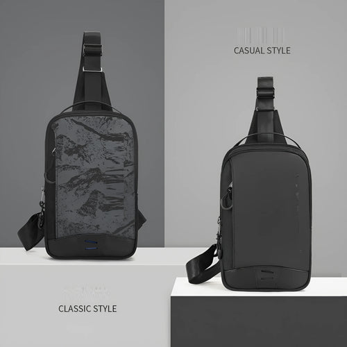 Casual black TPU camouflage pattern chest bag with single shoulder strap and soft handle.