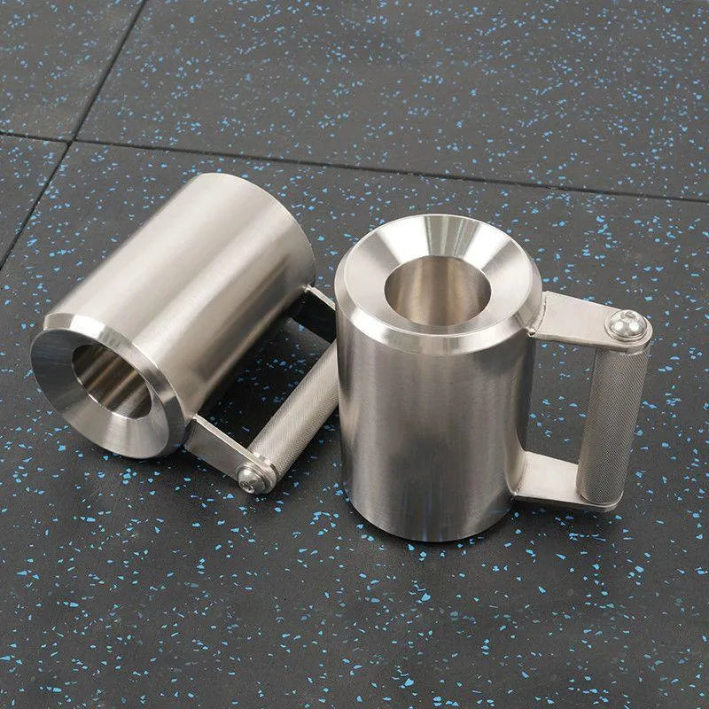 Silver stainless steel dumbbell cup weight plate, 8kg, with cast iron core and Olympic bar centre hole.
