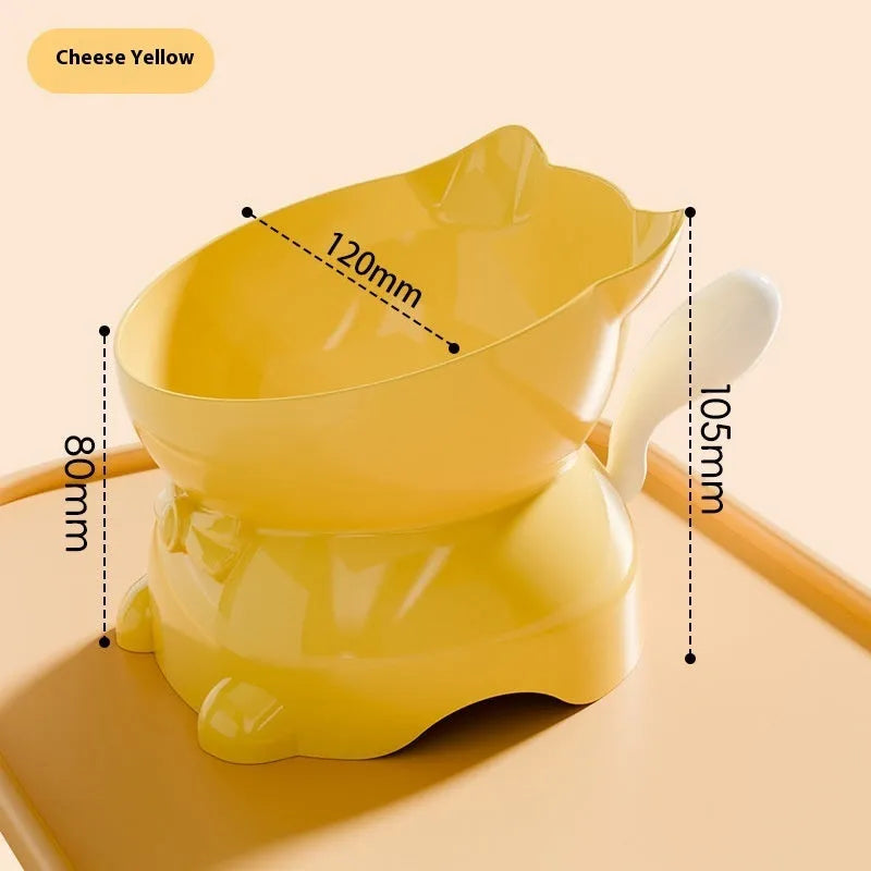 Stainless steel oblique anti-fall cat bowl in black, blue, pink, and yellow colour options.