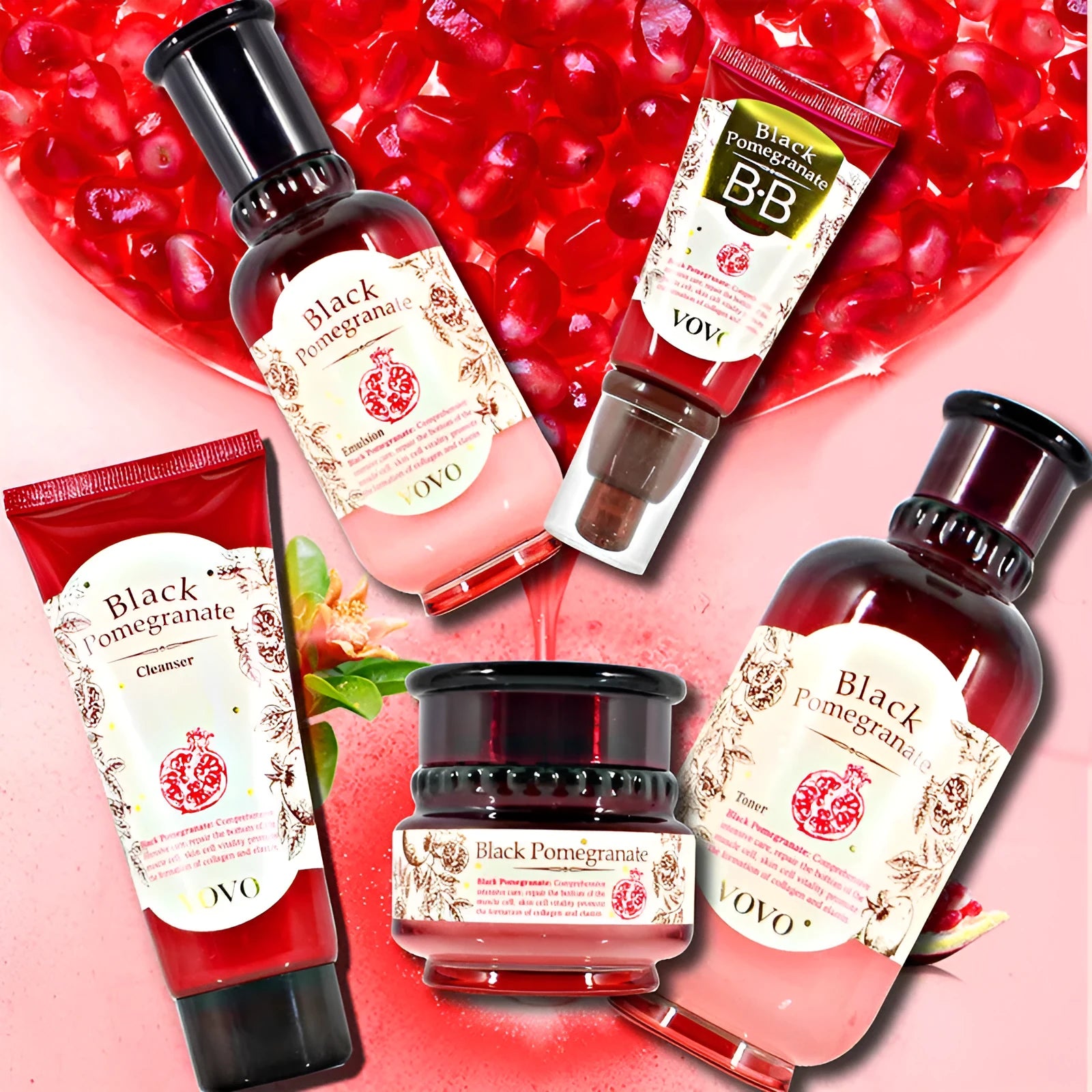 Pomegranate skincare set showing six products: cleanser, water, milk, cream, essence and eye cream