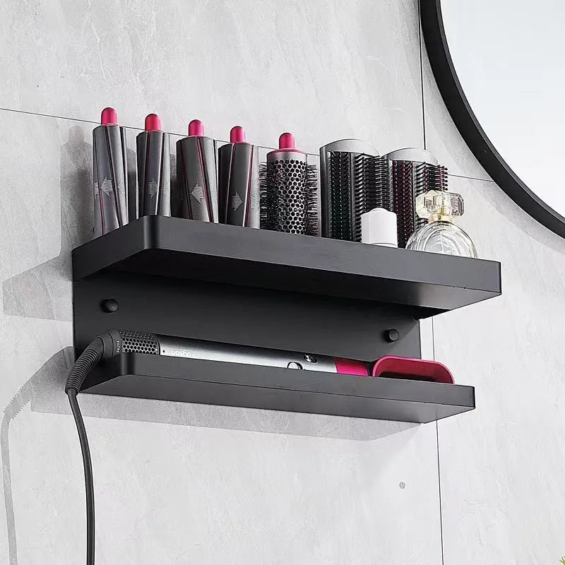 White double-layer aluminium bathroom storage rack holding Marcel Waver hair curlers with adhesive mounting