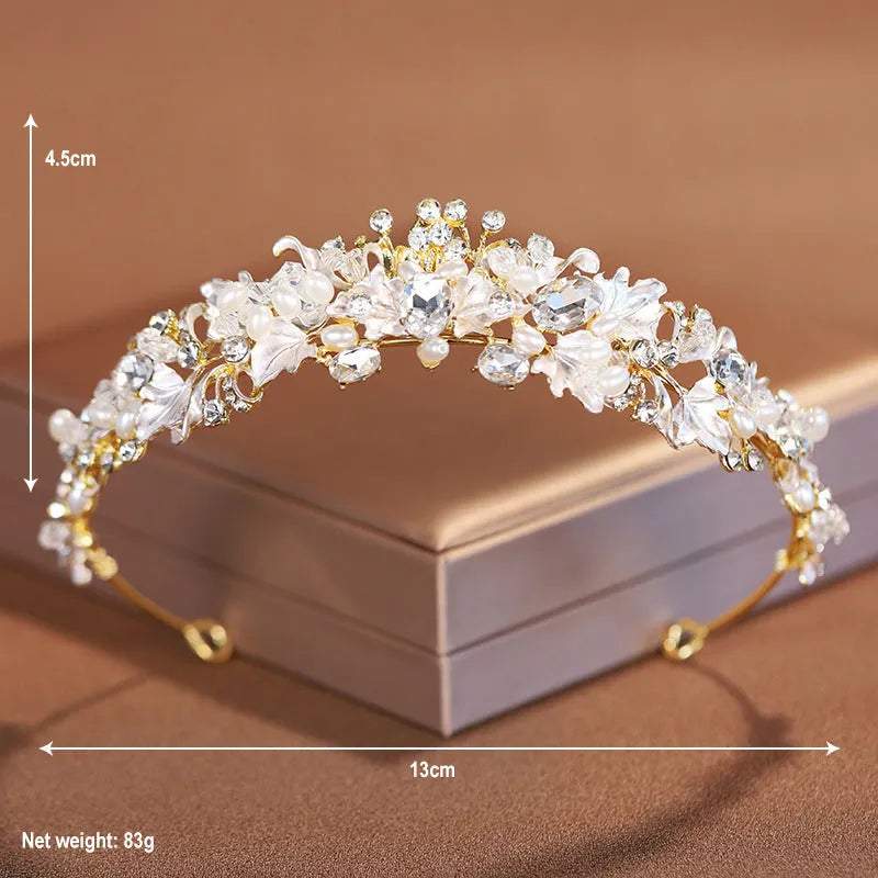 Women's pearl crown headdress hair accessory with electroplated alloy construction in gold or silver colour