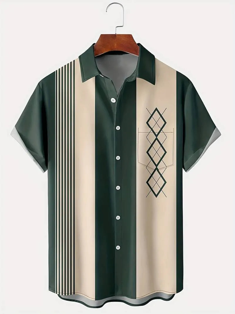 Men's loose fit plaid shirt with lapel cardigan style in contrast colours with short sleeves