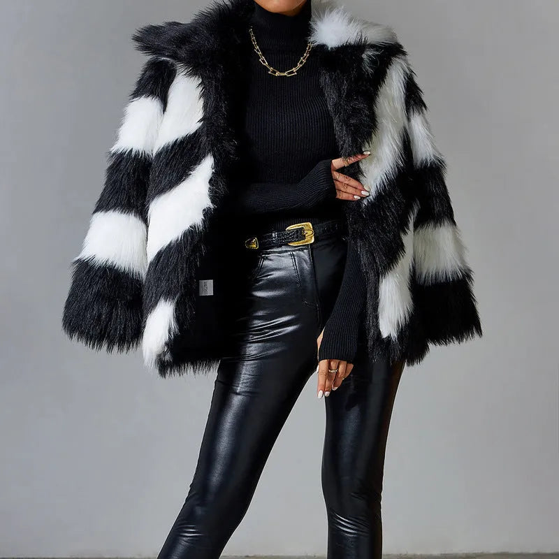 Faux fur coat with contrast lapel and fur collar in normal 50cm length