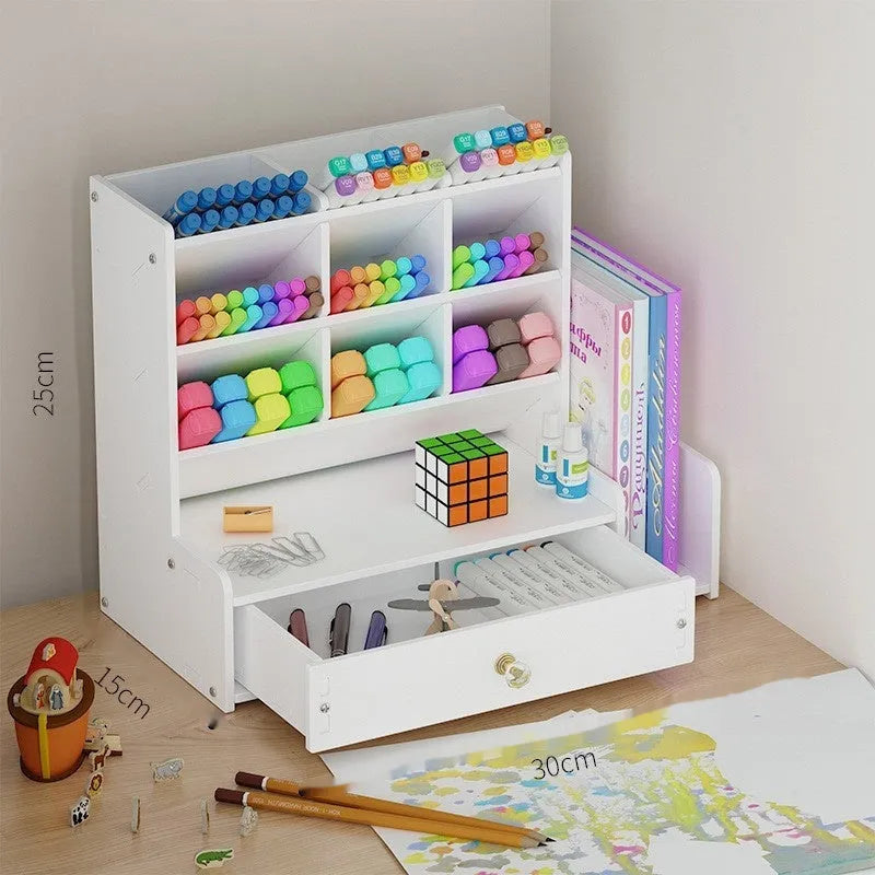 Square plastic pen holder storage box with multiple oblique insertion compartments on a desk.