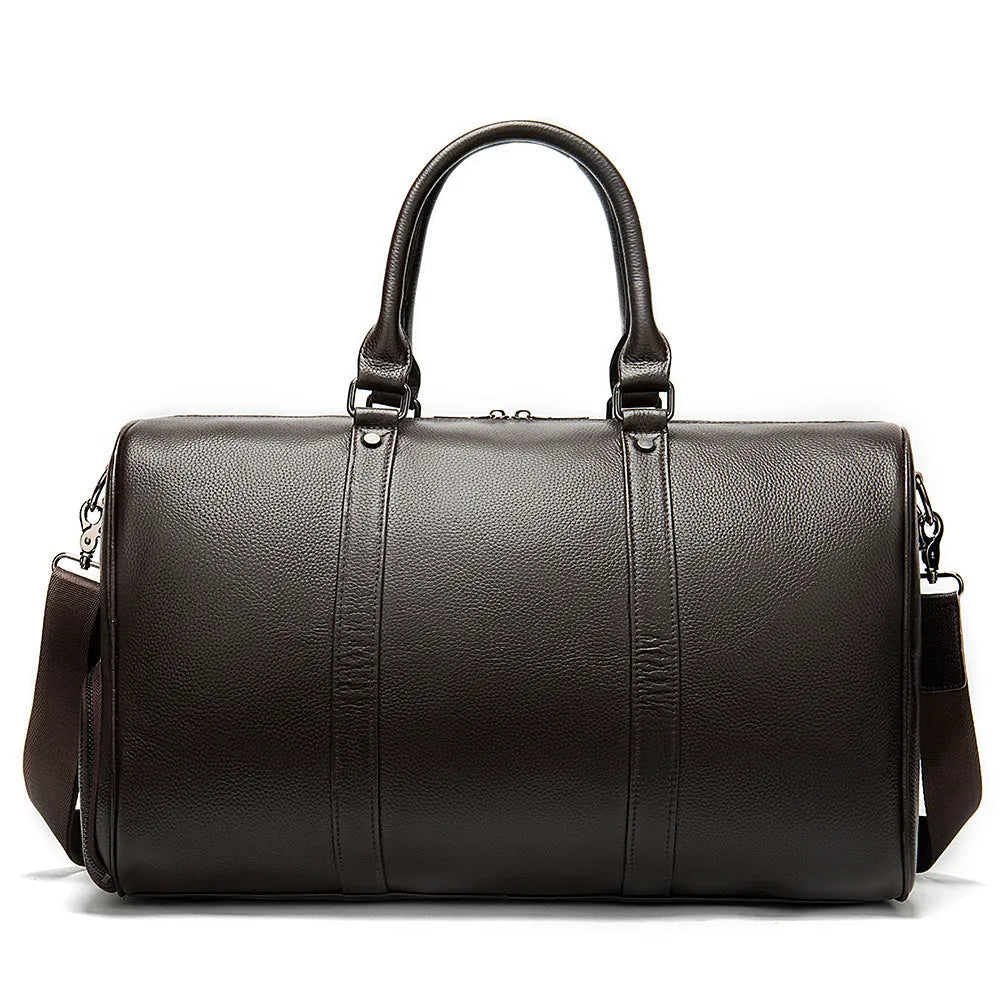 Men's black leather excursion tote bag with single strap showing 55cm large capacity dimensions