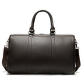 Men's black leather excursion tote bag with single strap showing 55cm large capacity dimensions