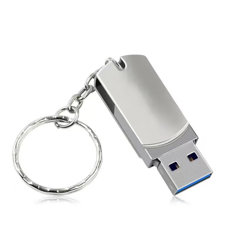 White small fat USB flash drive with rotating metal casing showing 16GB capacity