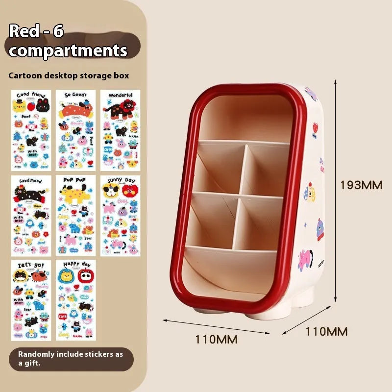 Cartoon design plastic desktop organiser with storage box, pen container, tissue box and coin bank accessories in red and brown colours