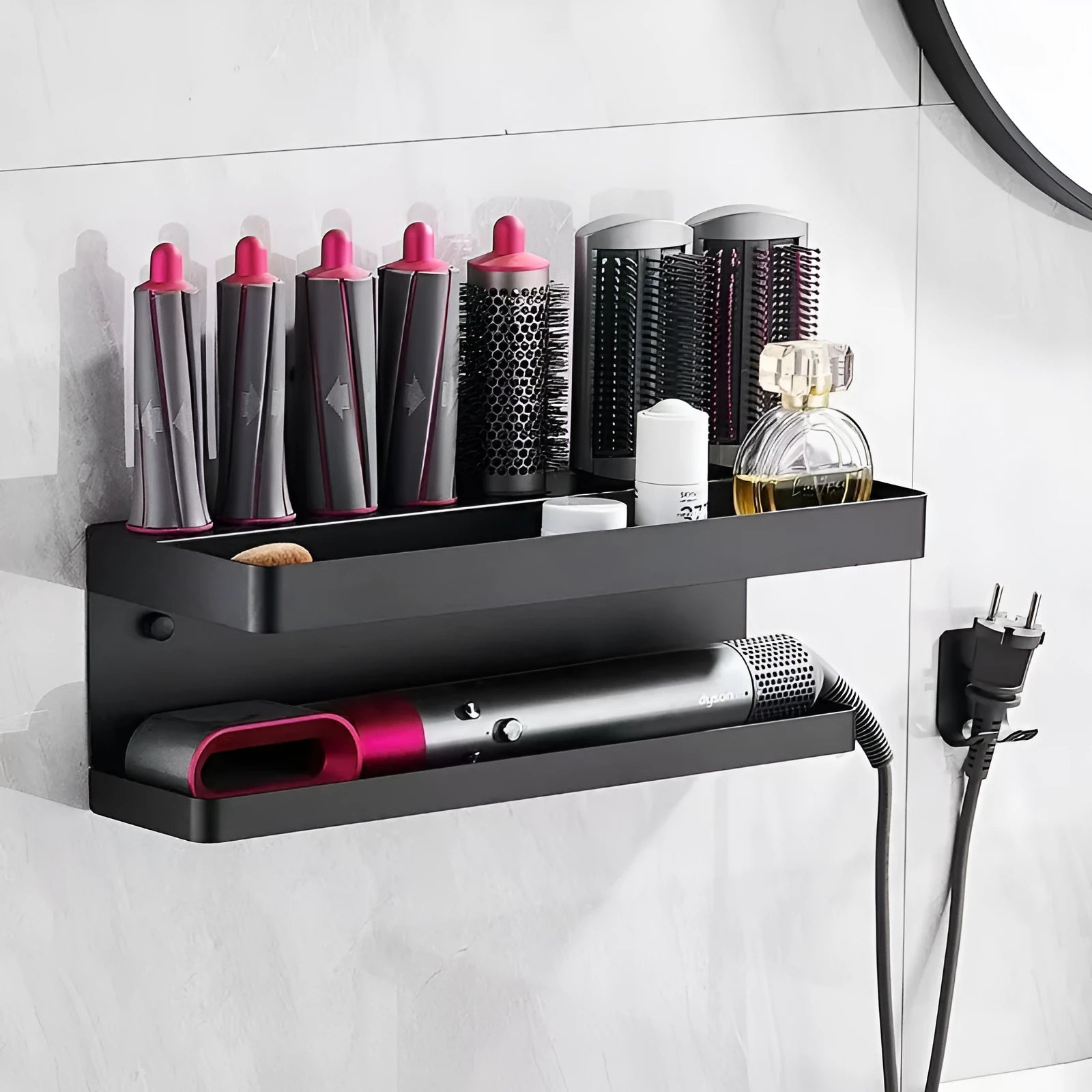 White double-layer aluminium bathroom storage rack holding Marcel Waver hair curlers with adhesive mounting