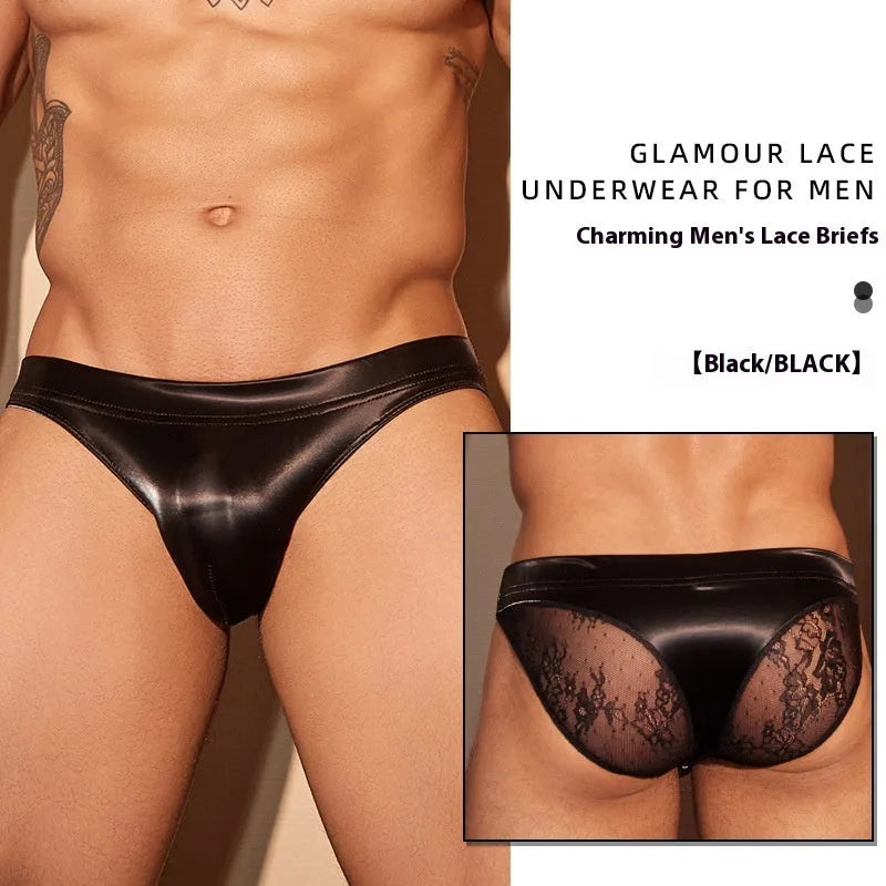 Men's black shark skin lace briefs with hip small style and free-size fit
