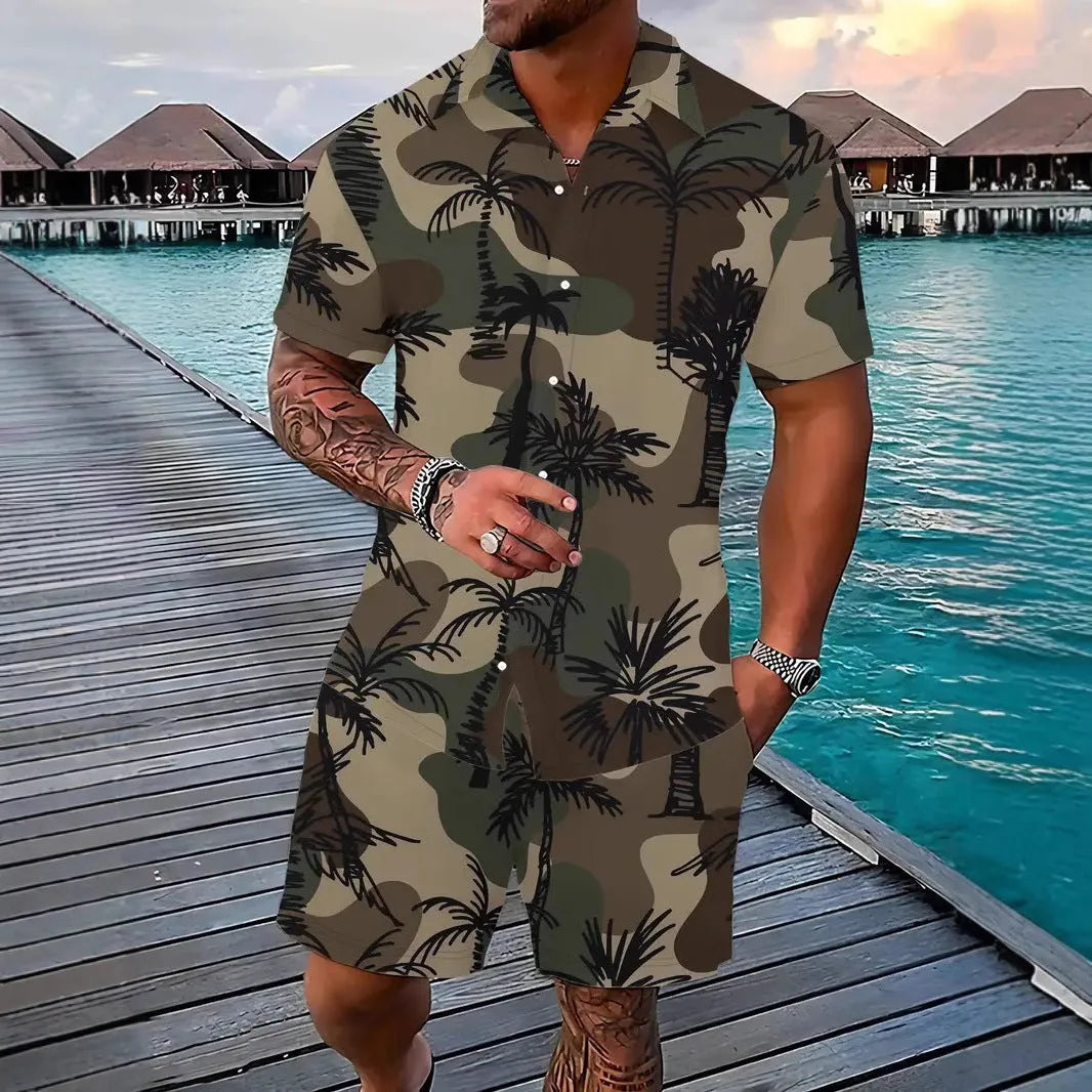 Man wearing a blue Hawaiian 3D printed short sleeve top and matching shorts leisure suit set.