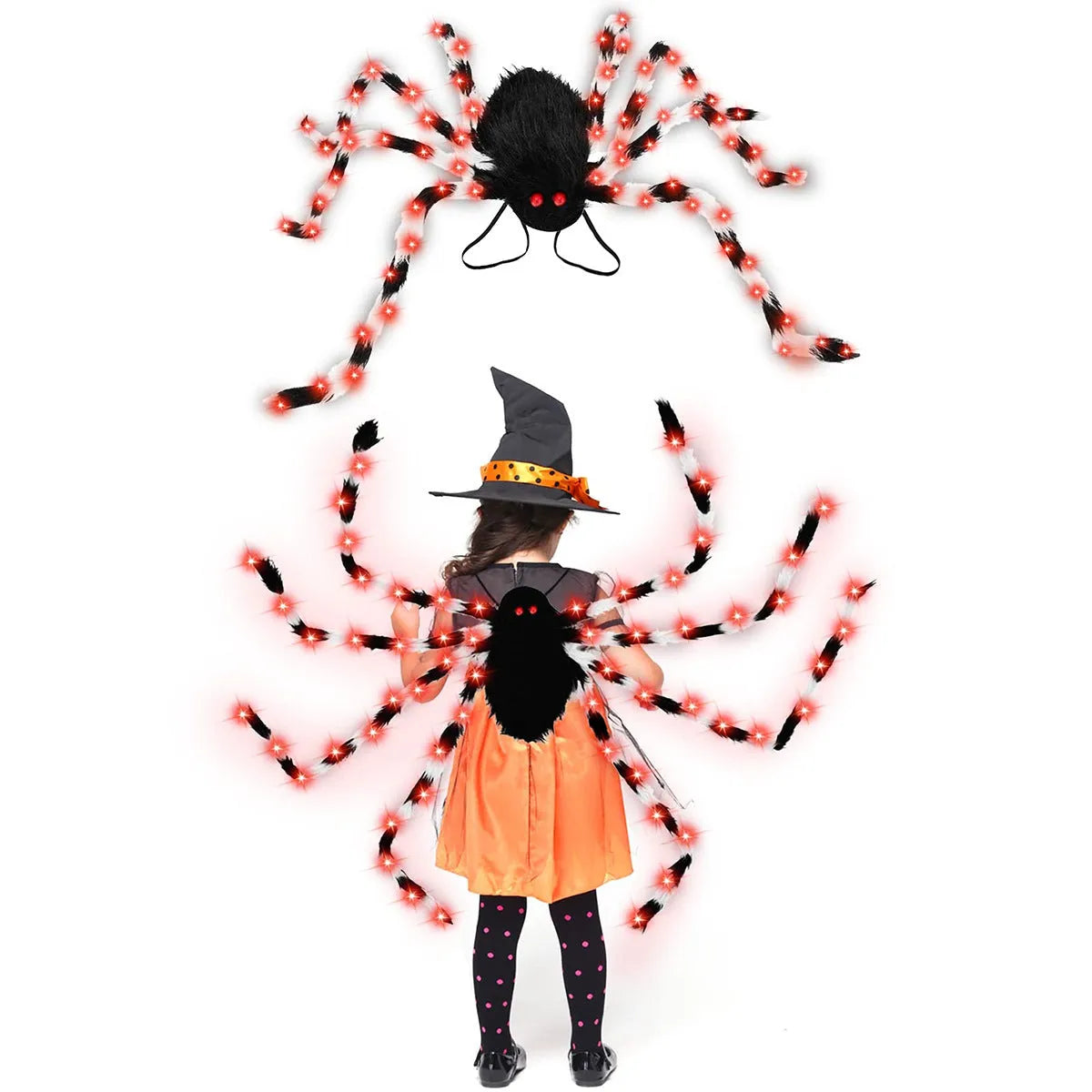 Halloween spider backpack with purple LED lights in orange colour with plush sugar bag compartment