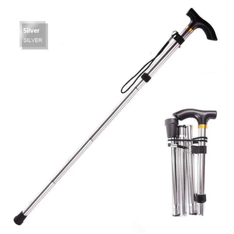 Aluminium folding walking stick extended to show adjustable length and non-slip rubber tip.
