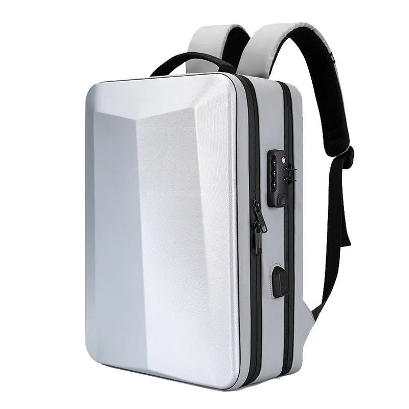 Black waterproof business backpack with curved shoulder straps and splicing design elements