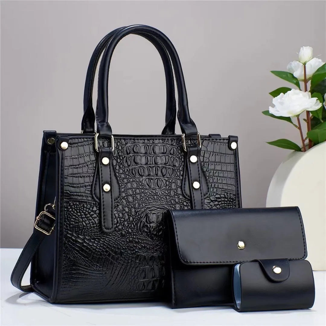 PU leather three-piece crossbody bag set with wallet and card holder in bucket shape