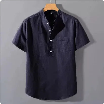 Men's casual beige linen short sleeve shirt with a stand collar and loose fit on a hanger.