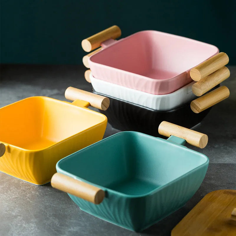Irregular shaped porcelain serving bowl with lid in modern simple design