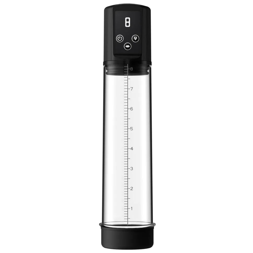 Handheld electric penis pump in diqiao colour, made from black ABS and grey TPE plastic.