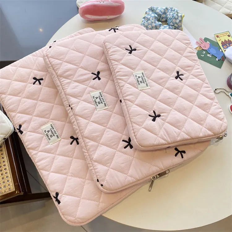 Cute rhombus embroidered bow nylon laptop storage bag in multiple colours and sizes