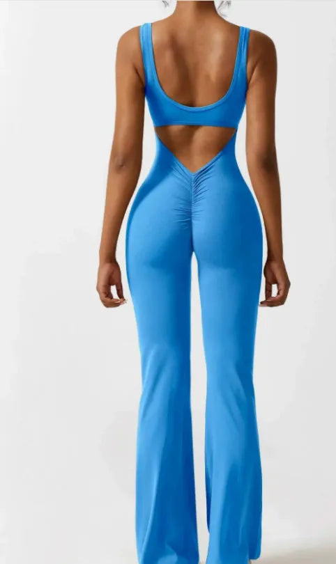Women's tight yoga bodysuit jumpsuit in milk silk fabric with hollow seams and trousers length