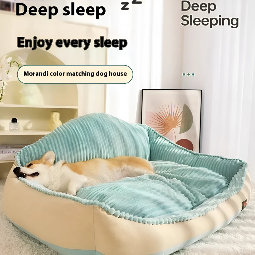 Morandi coloured removable dog mat cat bed in a doghouse shape on a sofa, shown in M and L sizes.