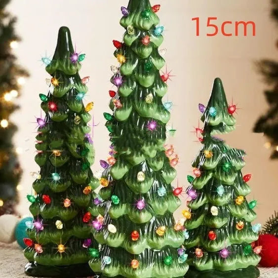 European-style Christmas tree ornament with lights, shown in different sizes for home or courtyard.