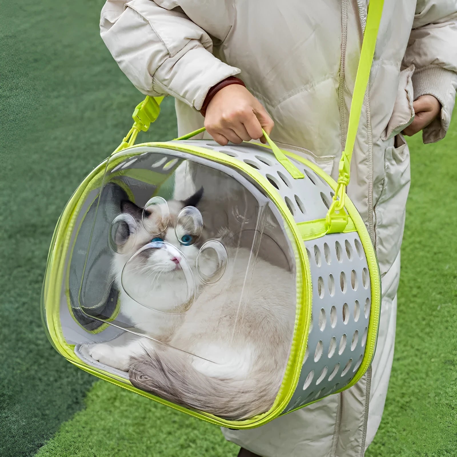 Transparent hard EVA space capsule backpack for cats, shown in green, with shoulder straps and large viewing window.