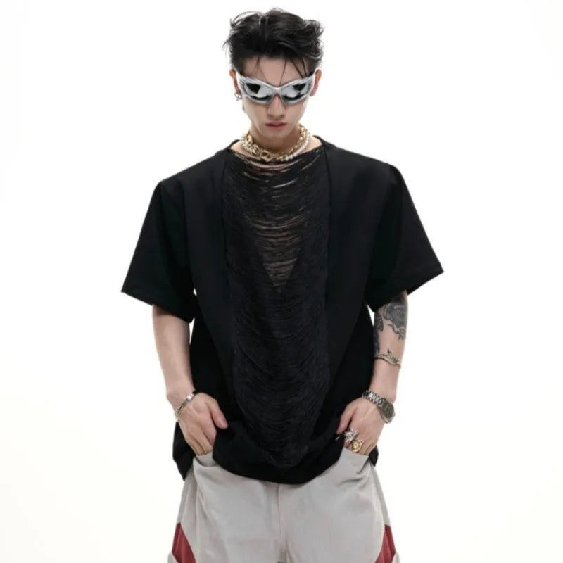 Men's black loose fit t-shirt with hollow out V-neck and three-dimensional cutting
