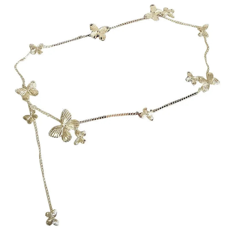 Gold butterfly waist chain with 104cm length and 40cm width on mannequin