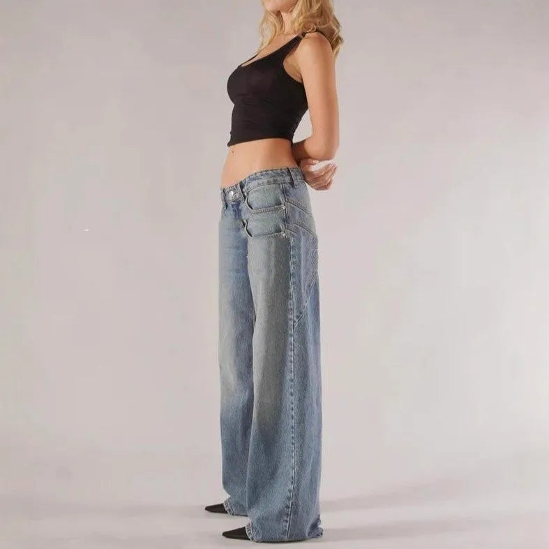 Women's blue loose straight wide leg cotton trousers with low waist and stitching detail