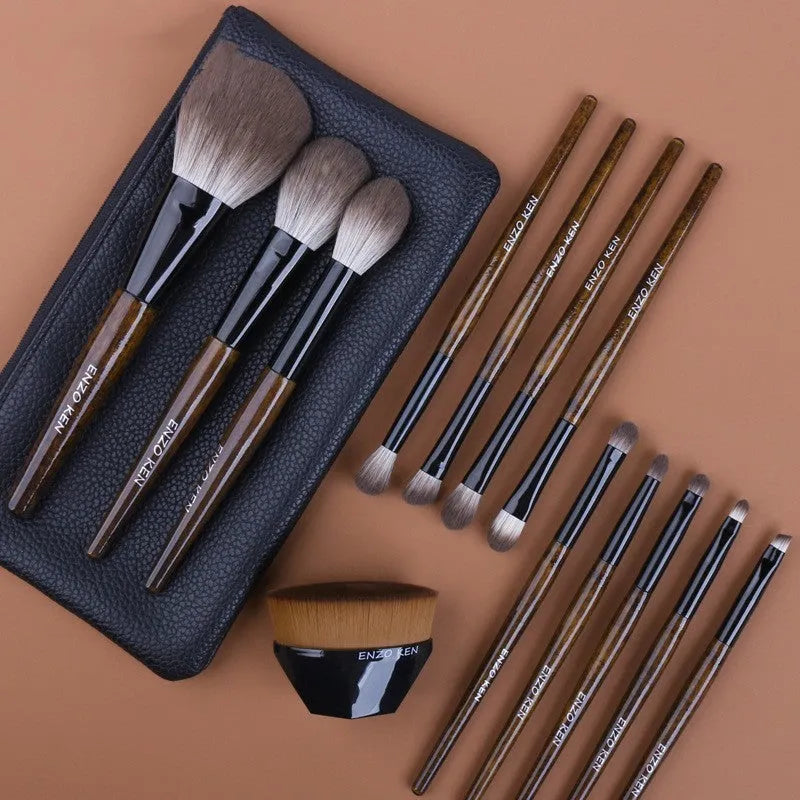 12 piece makeup brush set with wooden handles and powder foundation brush in PU storage bag