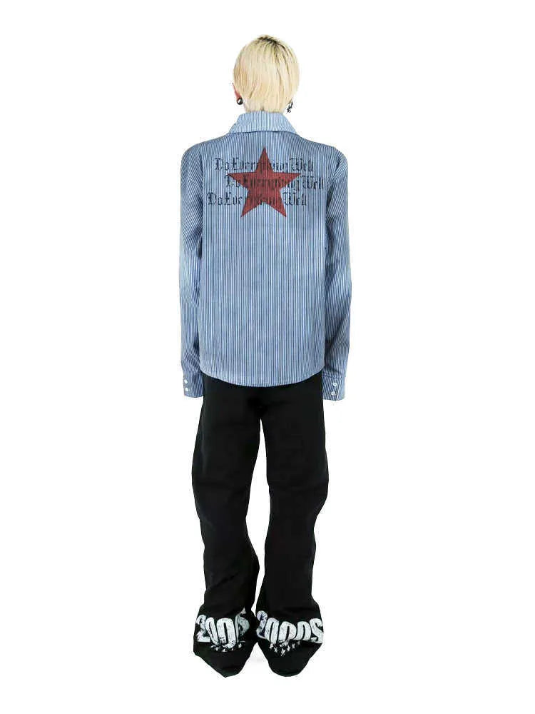 Men's washed blue striped casual shirt with lapel collar and long sleeves on hanger
