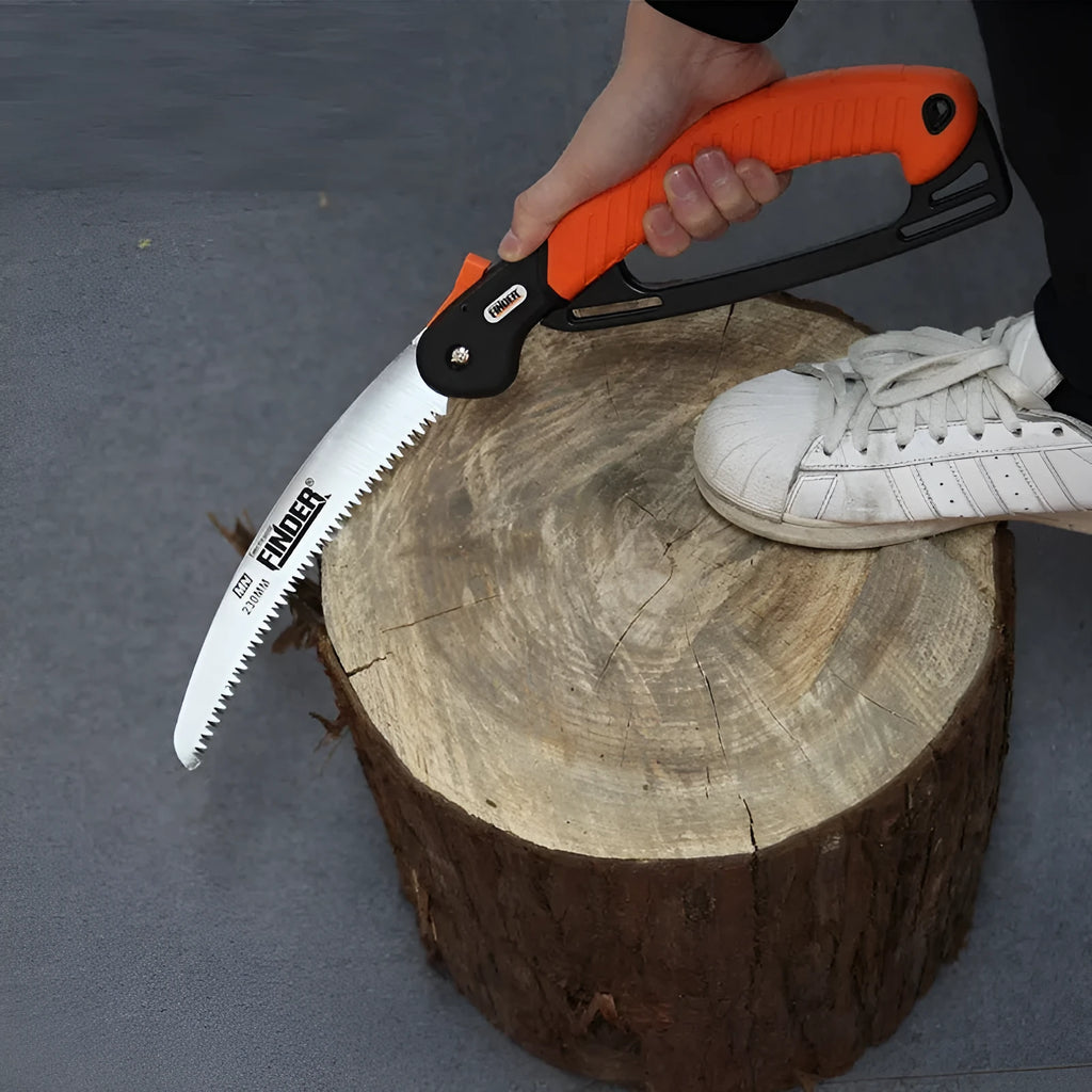 Garden folding saw with extended 230mm blade and TPR grip handle shown alongside folded configuration