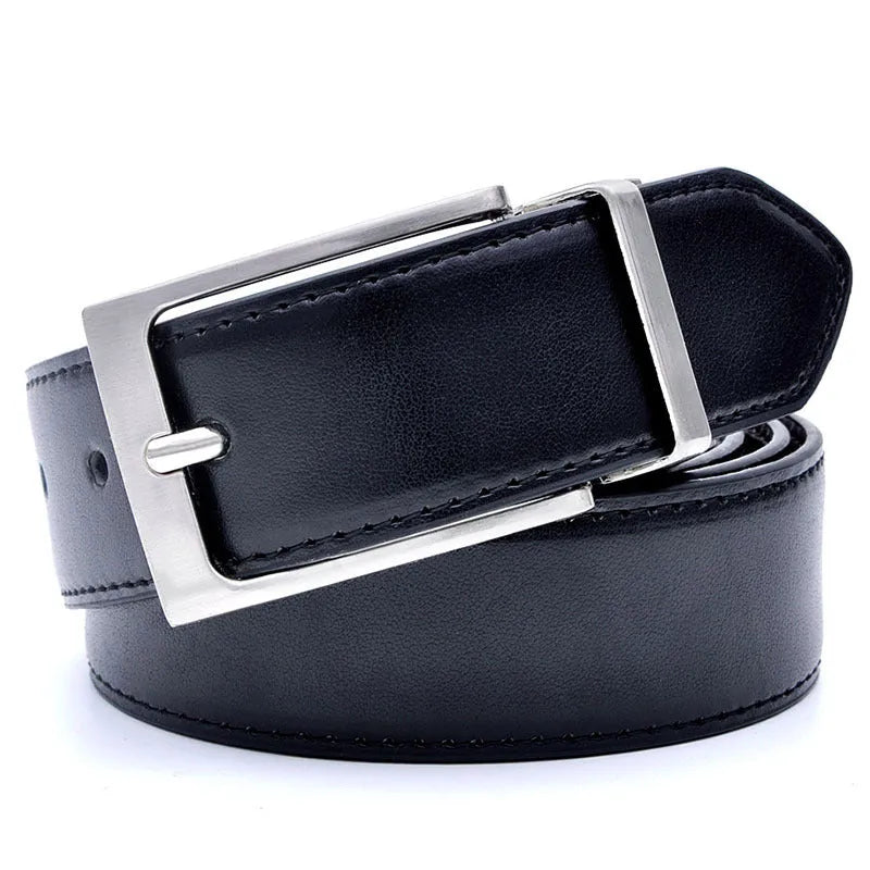 Men's brown and black genuine leather belt with rotating pin buckle showing 2-4cm width