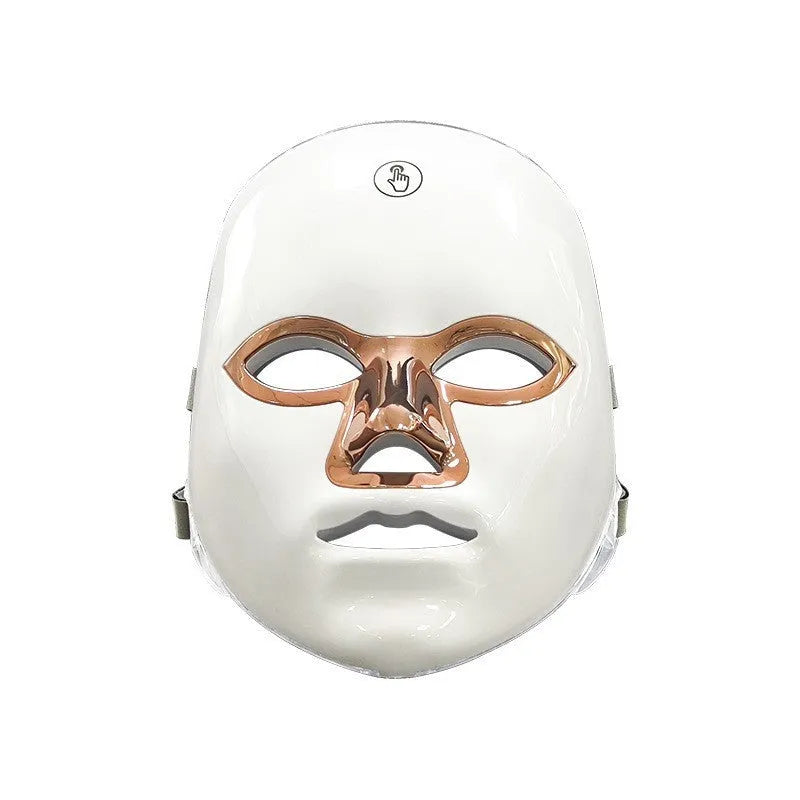 Rechargeable manual touch LED beauty face mask in white rose gold edge colour with fixing strap
