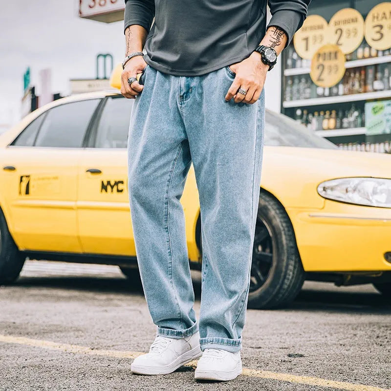 Men's loose straight casual jeans in dark blue, light blue, and grey colour options