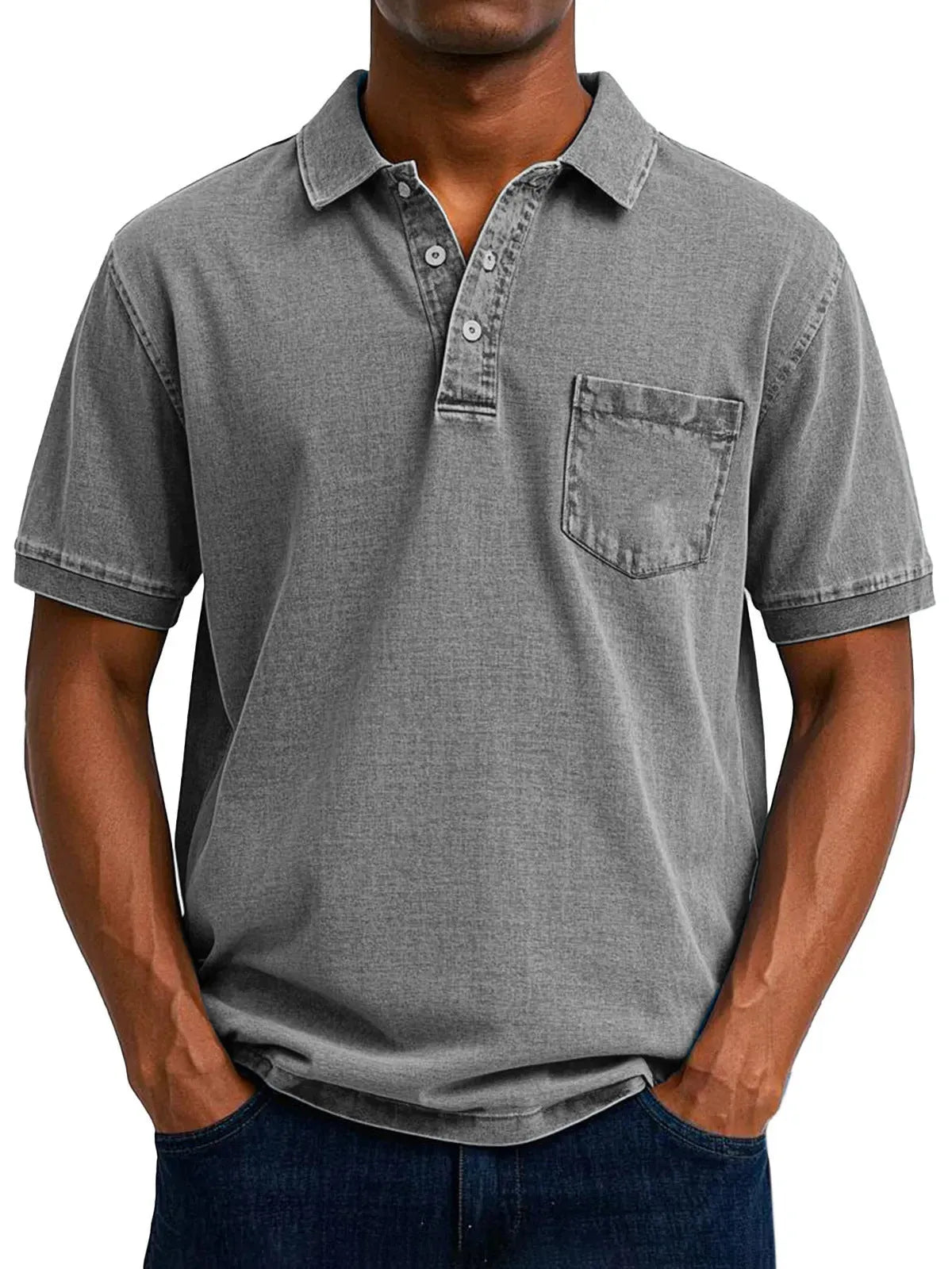 Man wearing a loose fit printed short sleeve shirt in a Korean style, showing plus size fit.