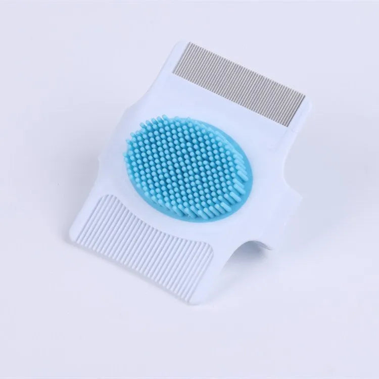 Blue and green multifunctional pet comb for dog grooming with hair removal, massage, and flea control features