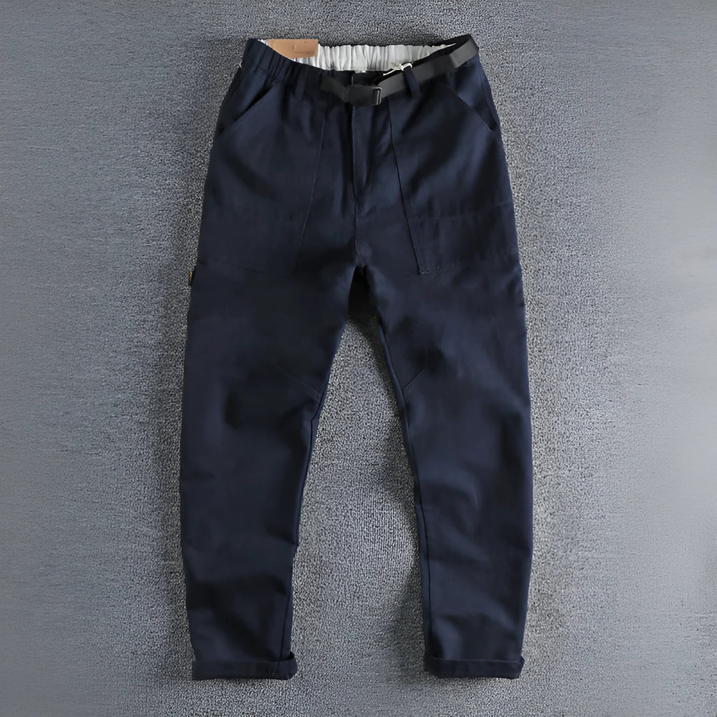 Men's cotton work trousers with N I buckle belt in khaki and dark blue colours