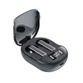 Black and white wireless Bluetooth in-ear headset with digital display screen and charging bin