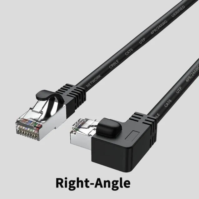 Cat6 Ethernet cable with right-angle RJ45 connector in multiple colour options including black, white, and red